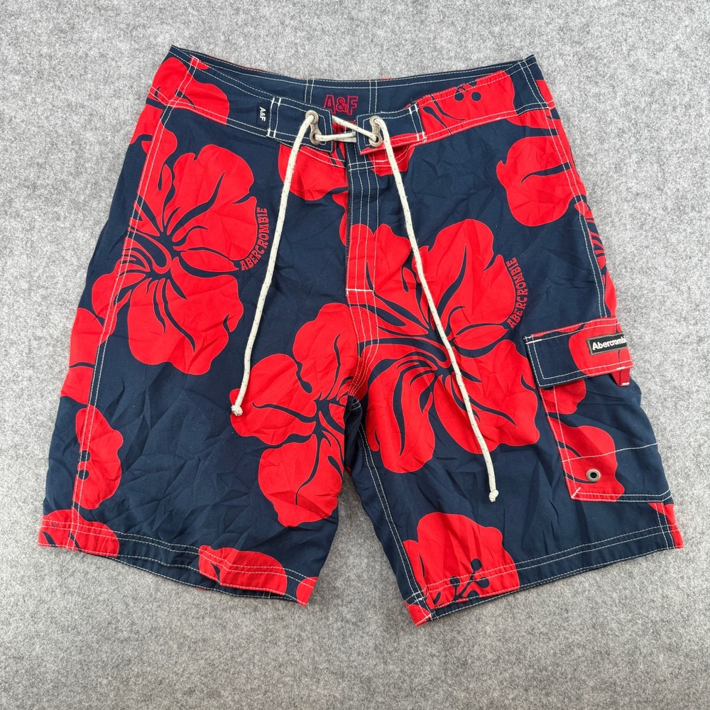 Y2K VTG Abercrombie Board Shorts Mens Hibiscus Floral Navy Red Cargo Swim Trunks